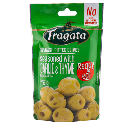 Fragata Spanish Pitted Olives Seasoned With Garlic & Thyme Manzanilla 70 g