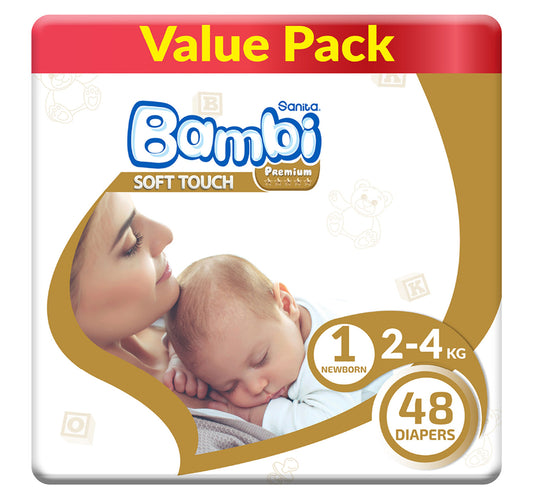 حفاضات سانيتا بامبي للأطفال - عبوة اقتصادية، مقاس 1، حديثي الولادة، من 2 إلى 4 كجم، 48 قطعة