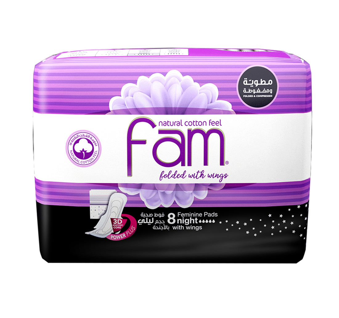 Fam Natural Cotton Feel Maxi Thick Folded with Wings Night Sanitary 8 pcs