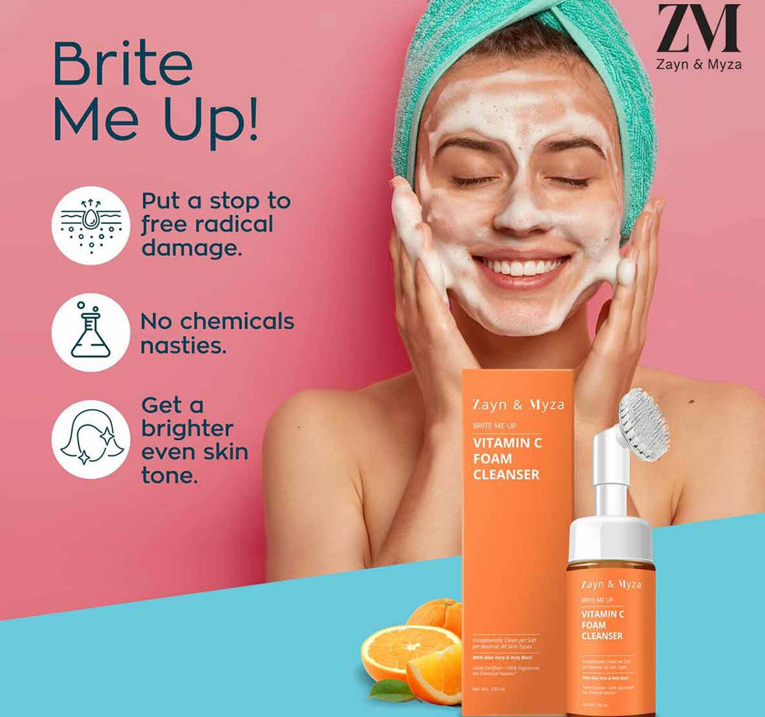 Zayn & Myza Vitamin C Foaming Face Wash with Silicone Cleanser Brush for Glowing Skin, Hyper pigmented & Dull Skin, 100 ml