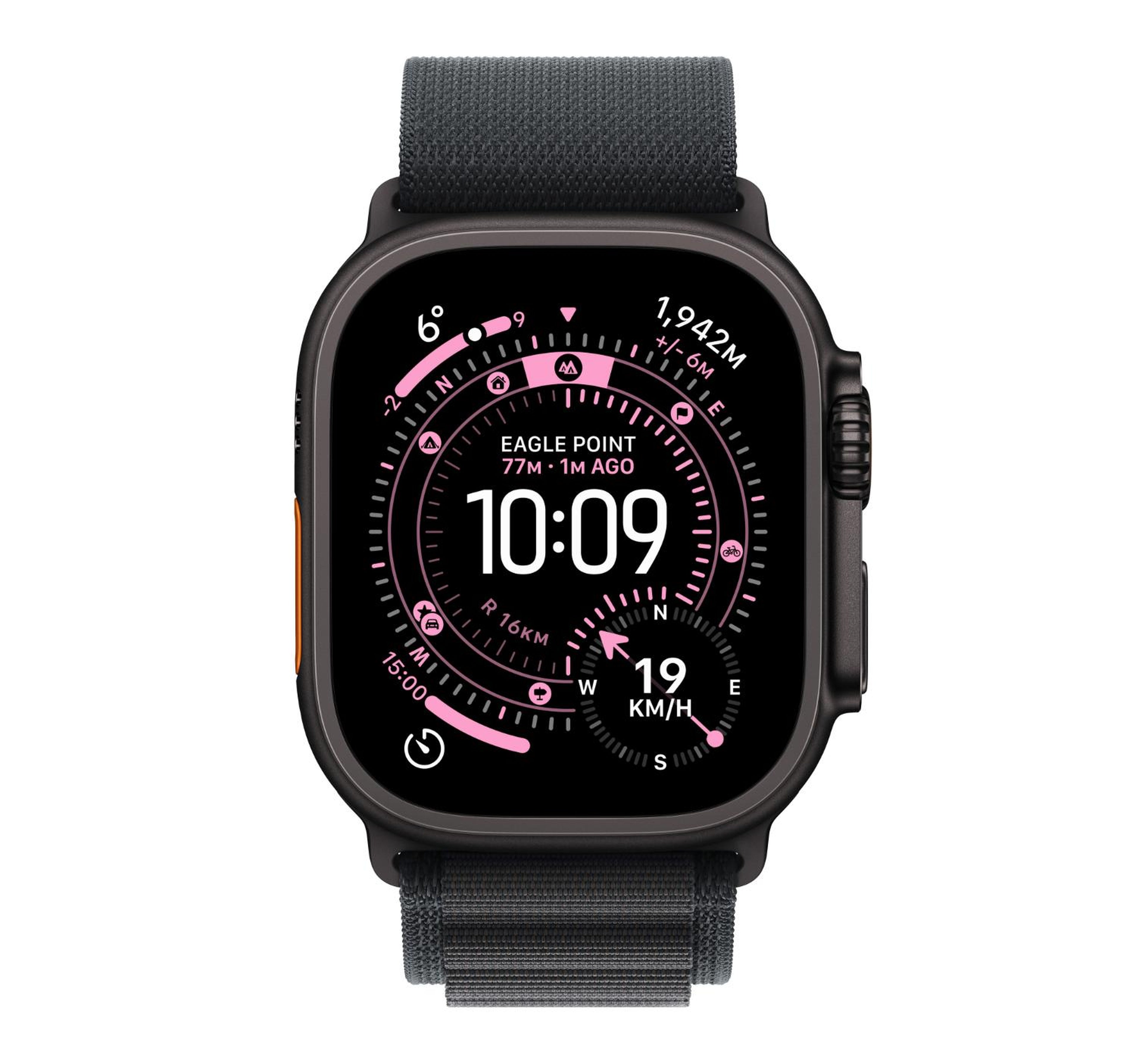 ساعة Apple Watch Ultra 3 الذكية بنظام تحديد المواقع العالمي (GPS) وشبكة خلوية، هيكل من التيتانيوم الأسود مقاس 49 مم مع حلقة ألباين سوداء (متوسطة)، MF0V4AF/A