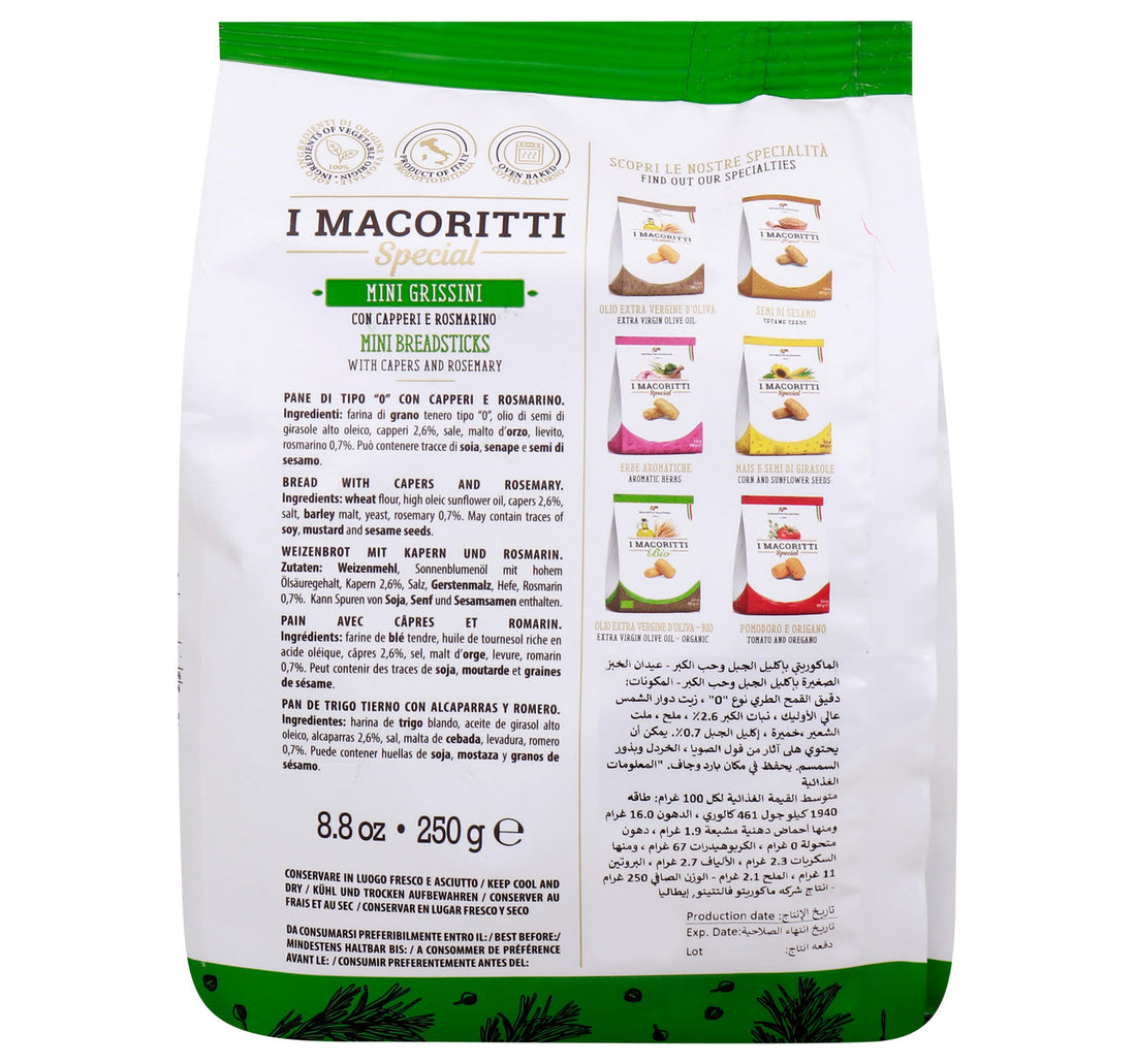 I Macoritti Mini Breadsticks with Rosemary and Capers 250 g