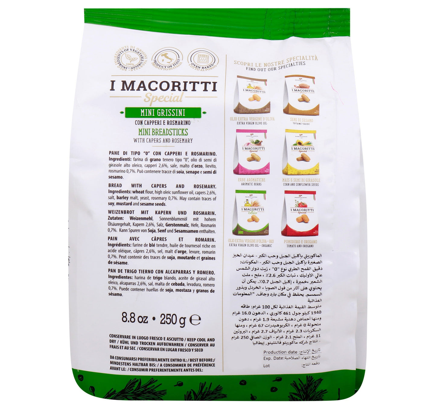 I Macoritti Mini Breadsticks with Rosemary and Capers 250 g