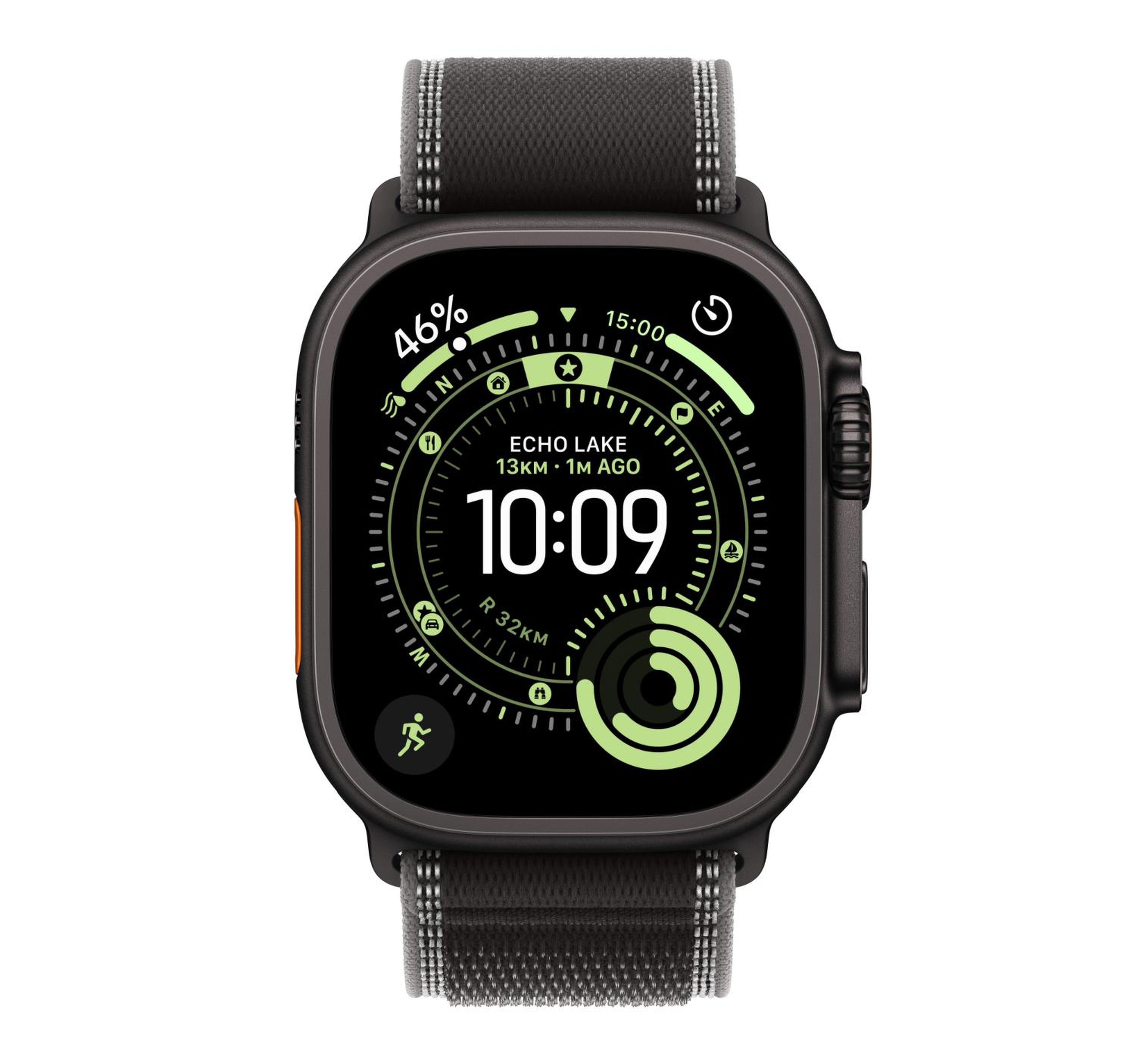 ساعة Apple Watch Ultra 3 الذكية بنظام تحديد المواقع العالمي (GPS) + الاتصال الخلوي، هيكل من التيتانيوم الأسود مقاس 49 مم مع حلقة تتبع باللون الأسود/الفحمي (متوسط/كبير)، MF1H4AF/A