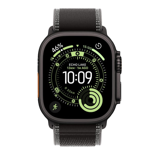 ساعة Apple Watch Ultra 3 الذكية بنظام تحديد المواقع العالمي (GPS) + الاتصال الخلوي، هيكل من التيتانيوم الأسود مقاس 49 مم مع حلقة تتبع باللون الأسود/الفحمي (متوسط/كبير)، MF1H4AF/A