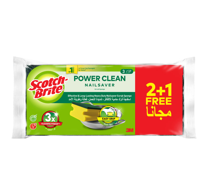 Scotch Brite Power Clean Heavy Duty Nail Saver Scrub Sponge Value Pack 3 pcs