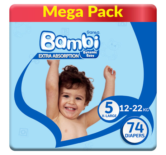 حفاضات أطفال سانيتا بامبي عبوة كبيرة مقاس 5 كبير جدًا 12-22 كجم 74 قطعة