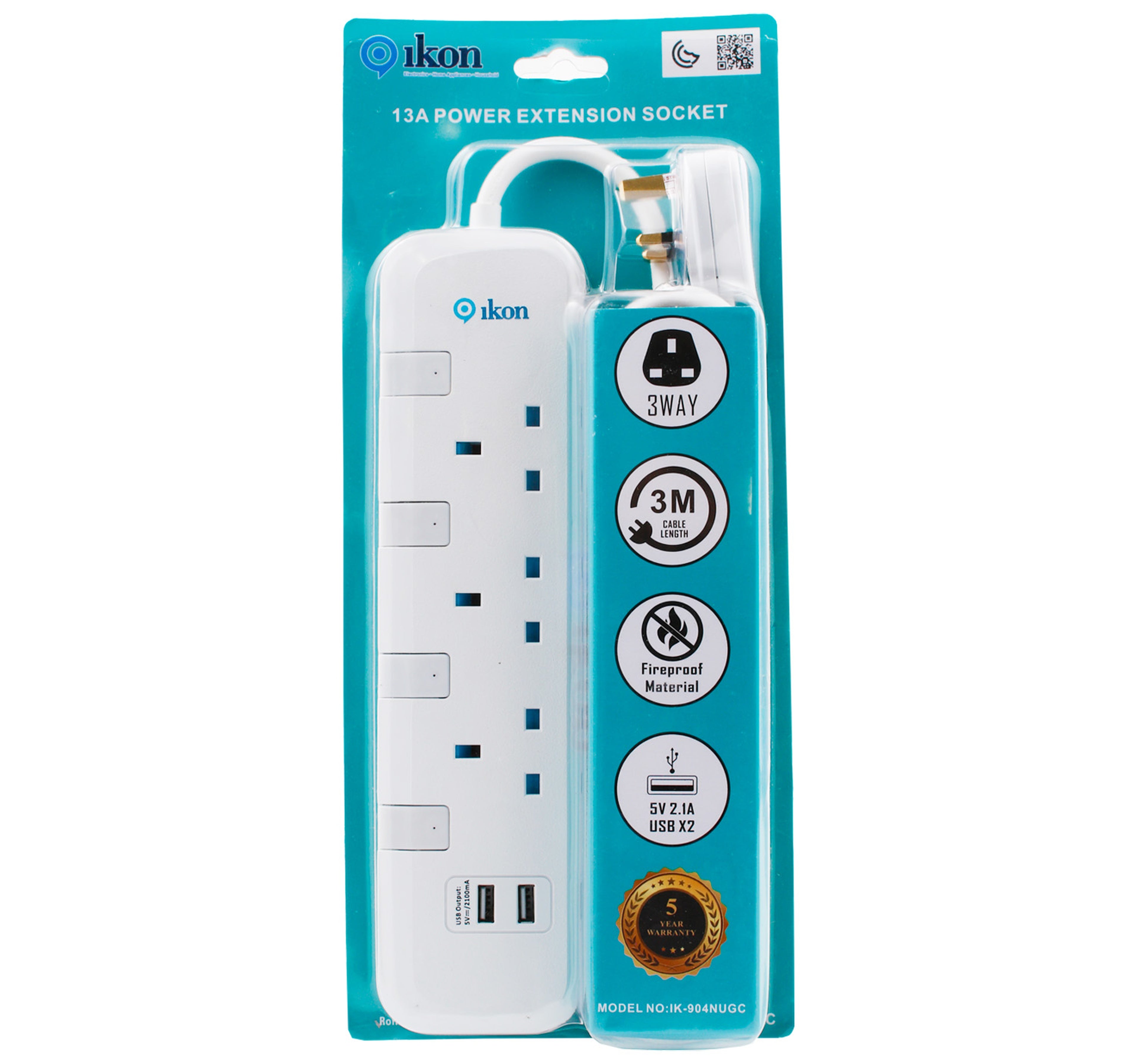 مقبس تمديد ثلاثي الاتجاهات من ايكون مع منفذي USB، 3250 واط، طول الكابل 3 أمتار، IK-904NUGC