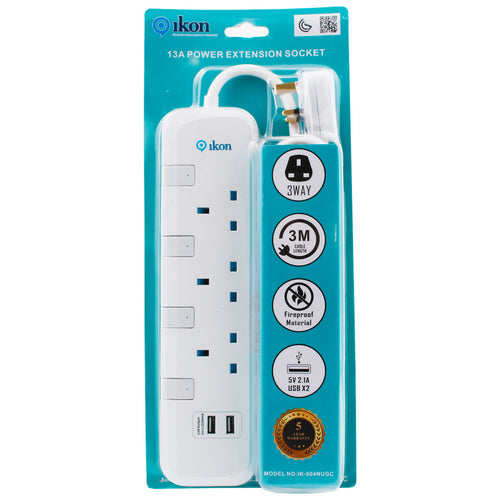 مقبس تمديد ثلاثي الاتجاهات من ايكون مع منفذي USB، 3250 واط، طول الكابل 3 أمتار، IK-904NUGC