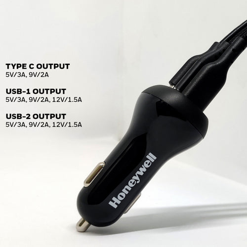 Honeywell Micro CLA 36 W, 3 ports, PD Smart Car Charger with Type C Cable, HC000011/CHG