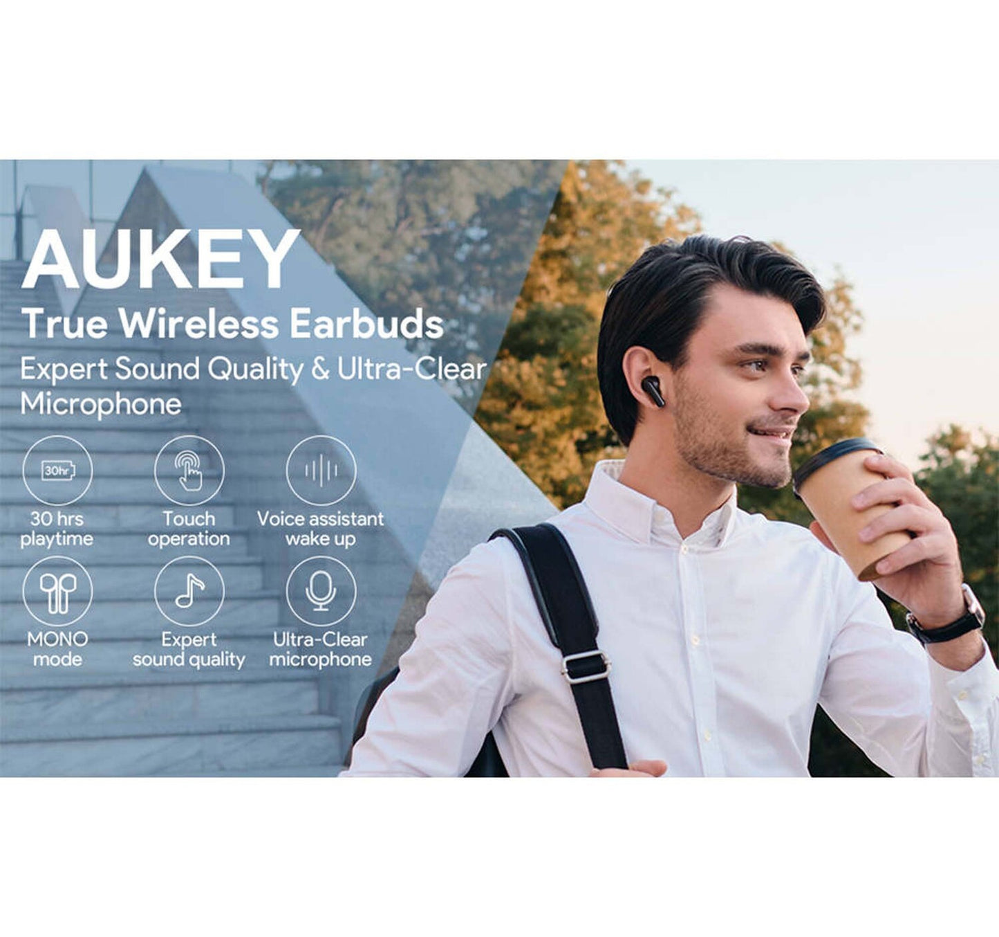 Aukey Move Mini True Wireless TWS Earbuds, Bluetooth 5.0, Up To 30 Hour Usage Time, 20Hz - 20kHz Frequency Response, IPX4 Water Resistance, Clear Phone Calls, Black , EP-M1s