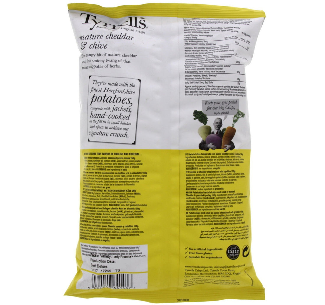 Tyrrells Mature Cheddar & Chive Hand Cooked English Crisps 150 g