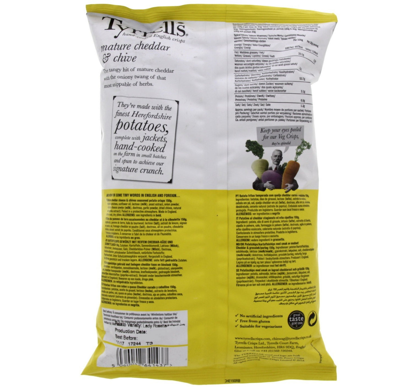 Tyrrells Mature Cheddar & Chive Hand Cooked English Crisps 150 g