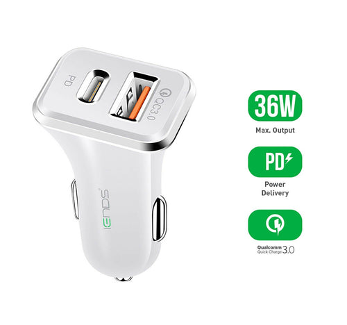 Iends Car Charger with Dual Ports (Type-C and USB)AD657, White
