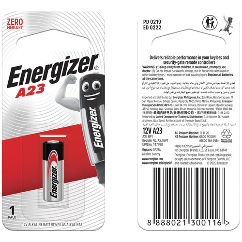Energizer A23 Alkaline Battery, 12 V, 1 Pcs, A23BP1
