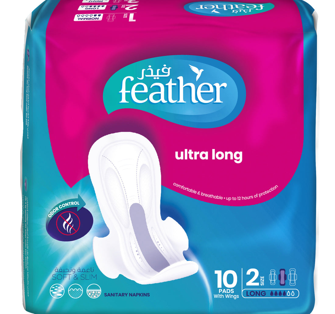 فوط صحية طويلة للغاية بأجنحة من فيذر، مقاس 2، 10 قطع