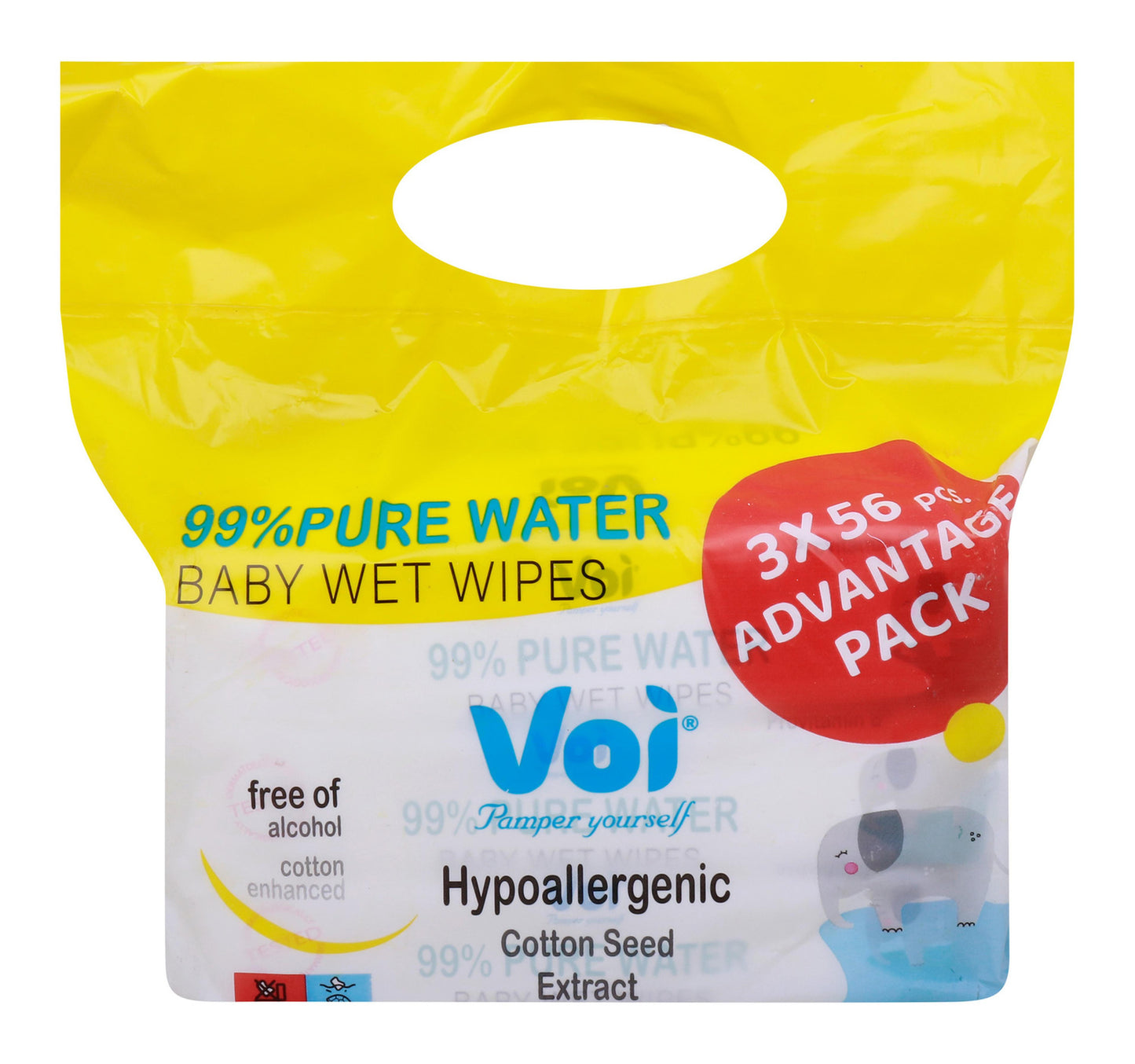 مناديل مبللة فوي بيبي، ماء نقي بنسبة 99%، عبوة اقتصادية، 3 × 56 قطعة