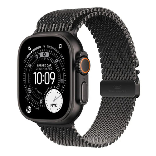 ساعة Apple Watch Ultra 3 الذكية بنظام تحديد المواقع العالمي (GPS) وشبكة خلوية، هيكل من التيتانيوم الأسود مقاس 49 مم مع حلقة ميلانو من التيتانيوم الأسود (M)، MF1Q4AF/A