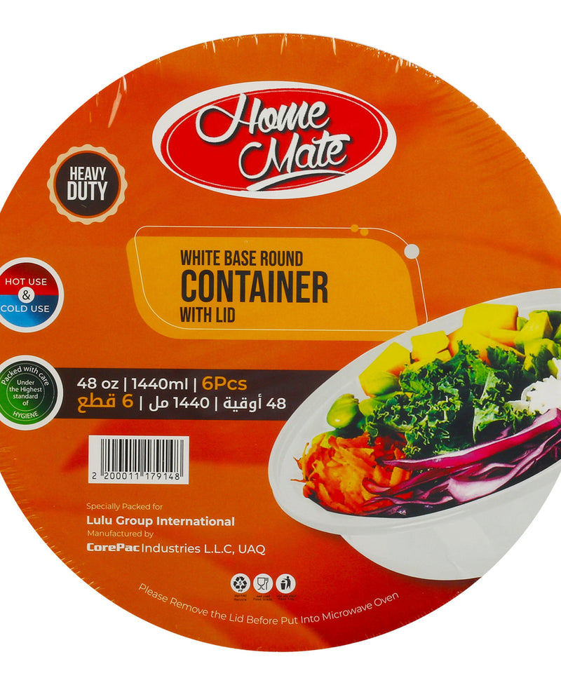 Home Mate Microwave White Round Container With Lid Size 1440 ml 6 pcs