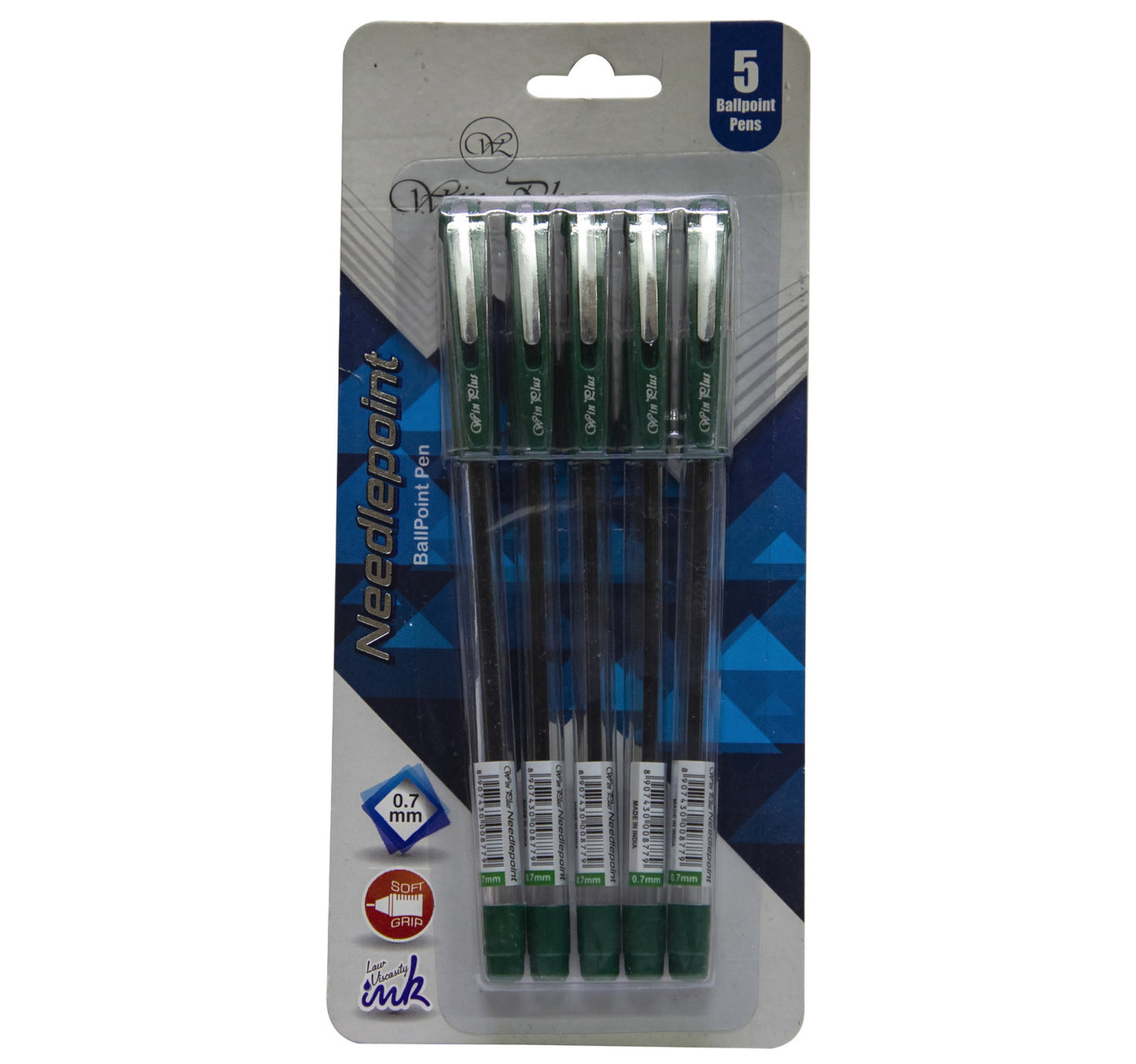 Win Plus 0.7mm Ball Point Pen Green Neddle Point 5pcs