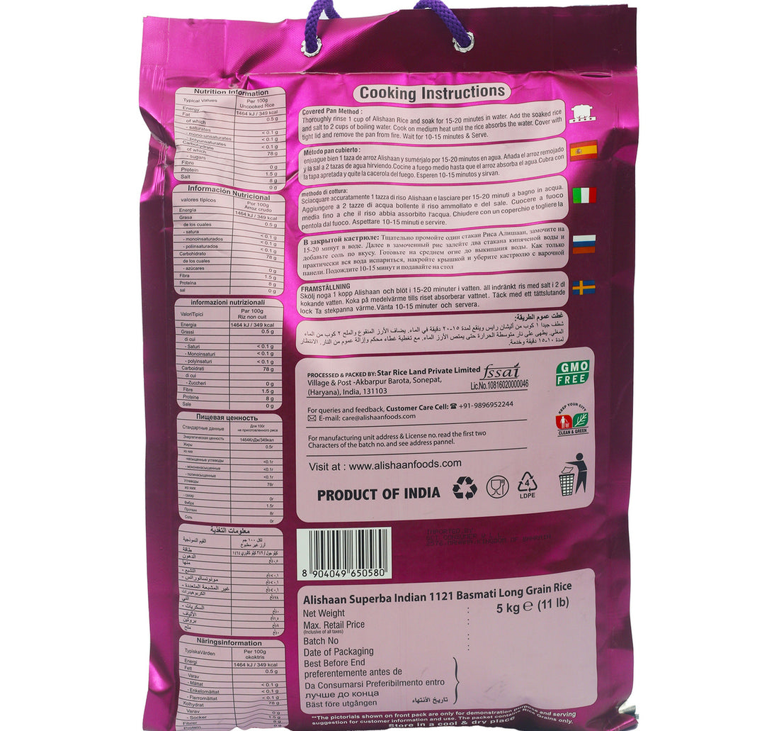Alishaan Superba Indian Basmati Rice 1121 5 kg