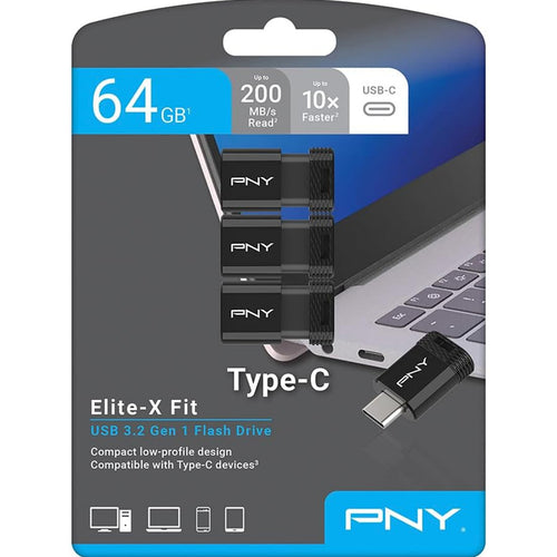 محرك أقراص فلاش PNY Elite-X Fit Type-C USB 3.2، سعة 64 جيجابايت، 3 قطع، P-FDI64GX3EXFITC-GE