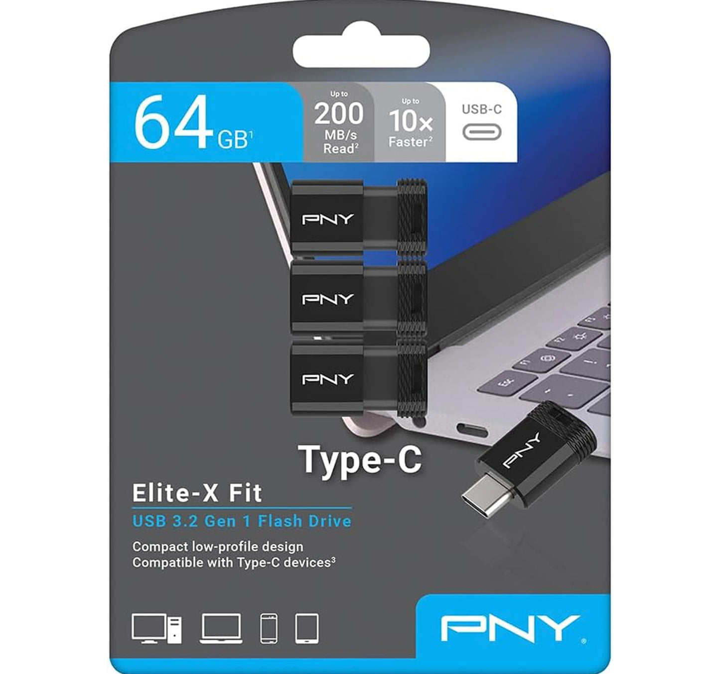 محرك أقراص فلاش PNY Elite-X Fit Type-C USB 3.2، سعة 64 جيجابايت، 3 قطع، P-FDI64GX3EXFITC-GE
