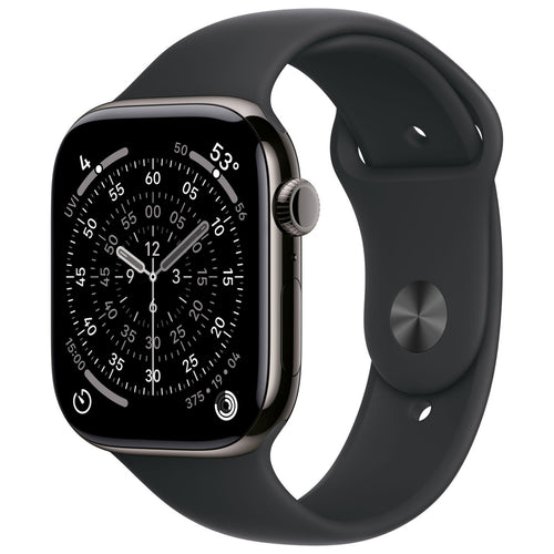 ساعة Apple Watch Series 11 الذكية بنظام تحديد المواقع العالمي (GPS) وشبكة خلوية، هيكل من التيتانيوم الرمادي مقاس 46 مم مع سوار رياضي أسود (M/L)، MFD24AF/A