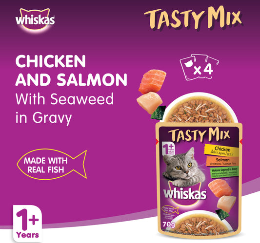 Whiskas Tasty Mix Chicken & Salmon with Seaweed Wet Cat Food in Gravy For Adult Cats Aged 1+ Years 4 x 70 g
