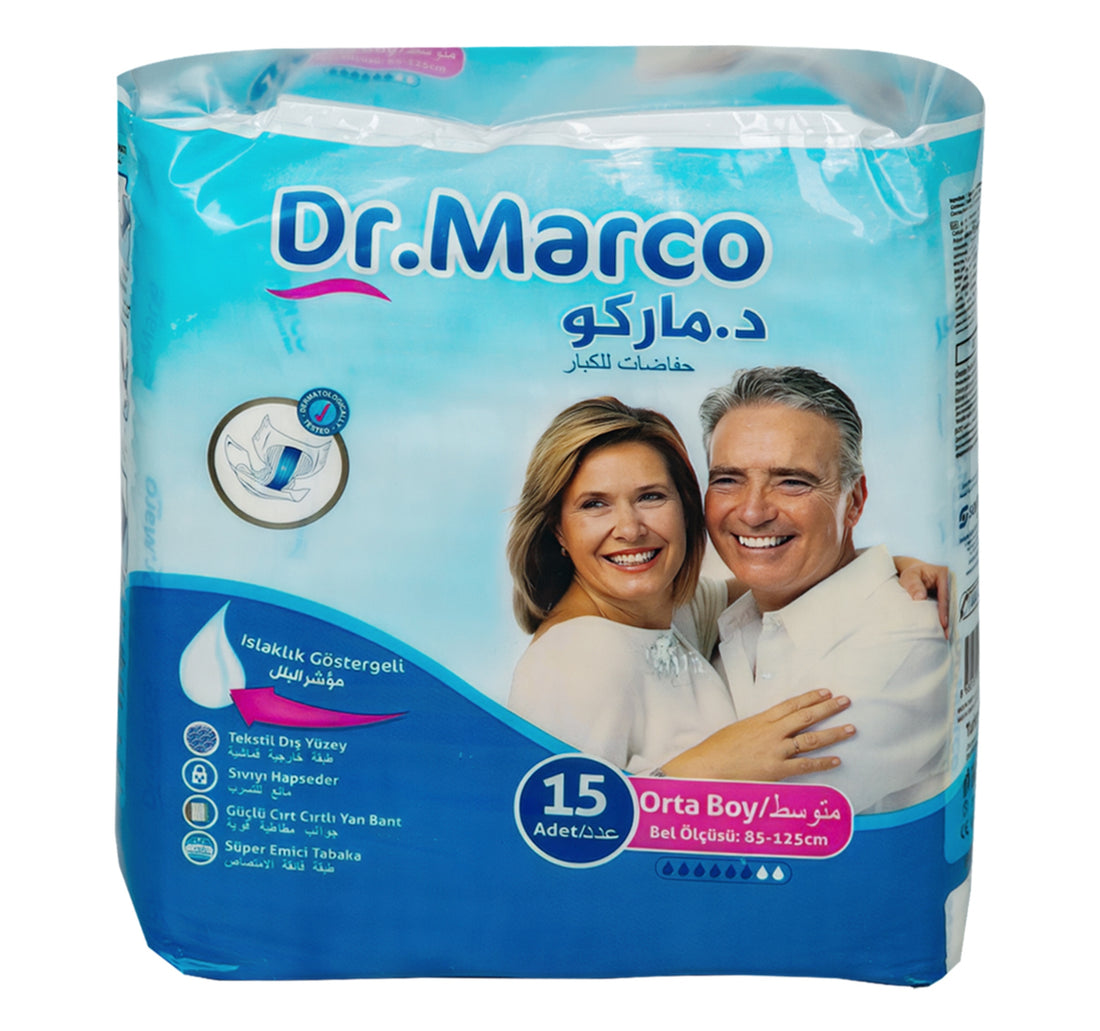 حفاضات دكتور ماركو للكبار، مقاس متوسط، 85-125 سم، 15 قطعة