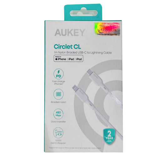 Aukey Nylon Braided USB C to Lightning Cable, 1m, White, CB-NCL1