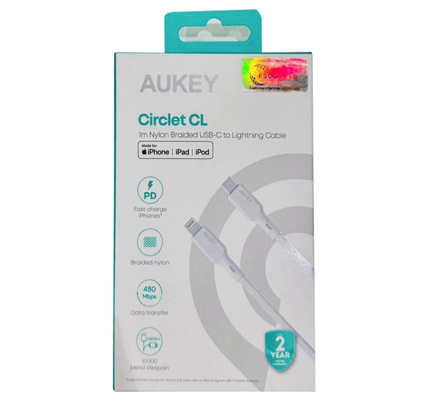 Aukey Nylon Braided USB C to Lightning Cable, 1m, White, CB-NCL1