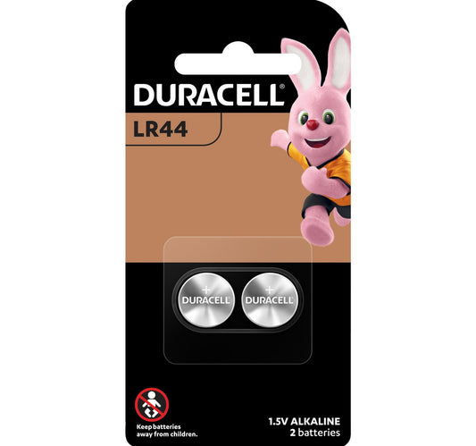 بطارية زر قلوية Duracell Specialty LR44، 1.5 فولت، عبوة من قطعتين (76A / A76 / V13GA) مناسبة للاستخدام في الألعاب والآلات الحاسبة وأجهزة القياس