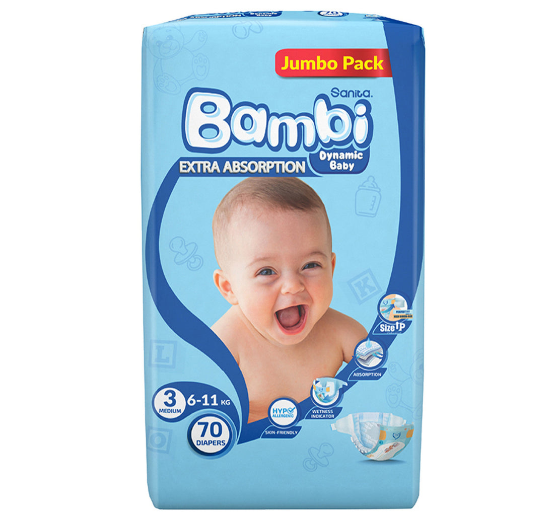 Sanita Bambi Baby Diaper Jumbo Pack Size 3 Medium 6-11 kg 70pcs