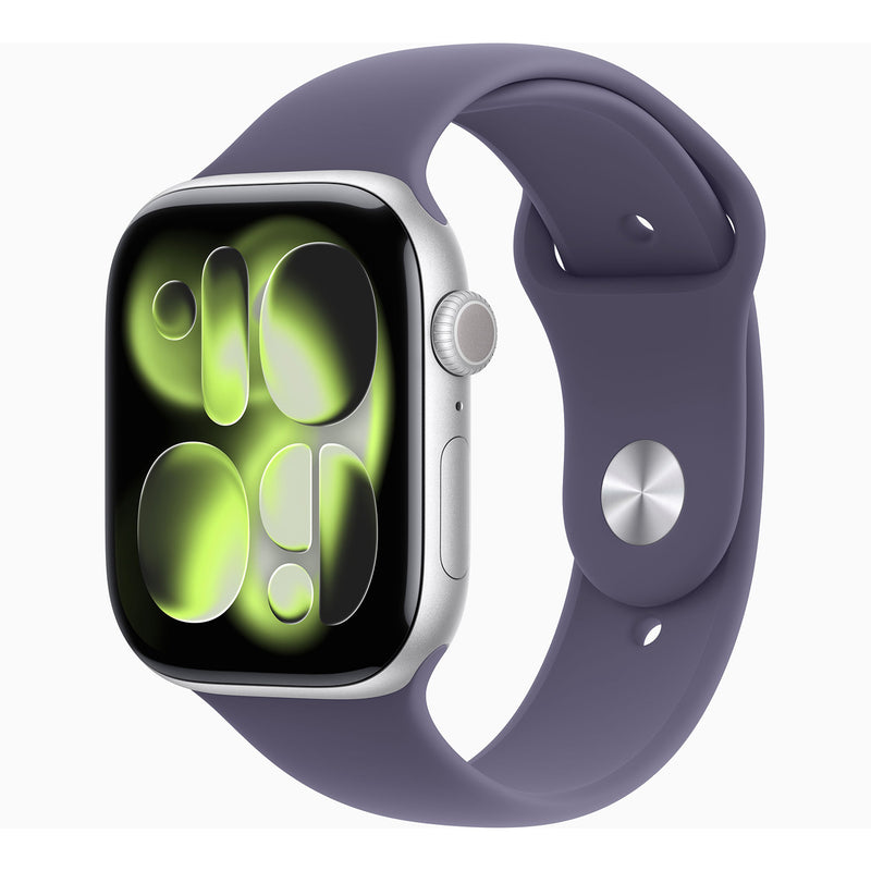 Apple Watch Series 11 GPS Smartwatch, 46 mm Silver Aluminium Case with Purple Fog Sport Band (M/L), MEVA4AF/A