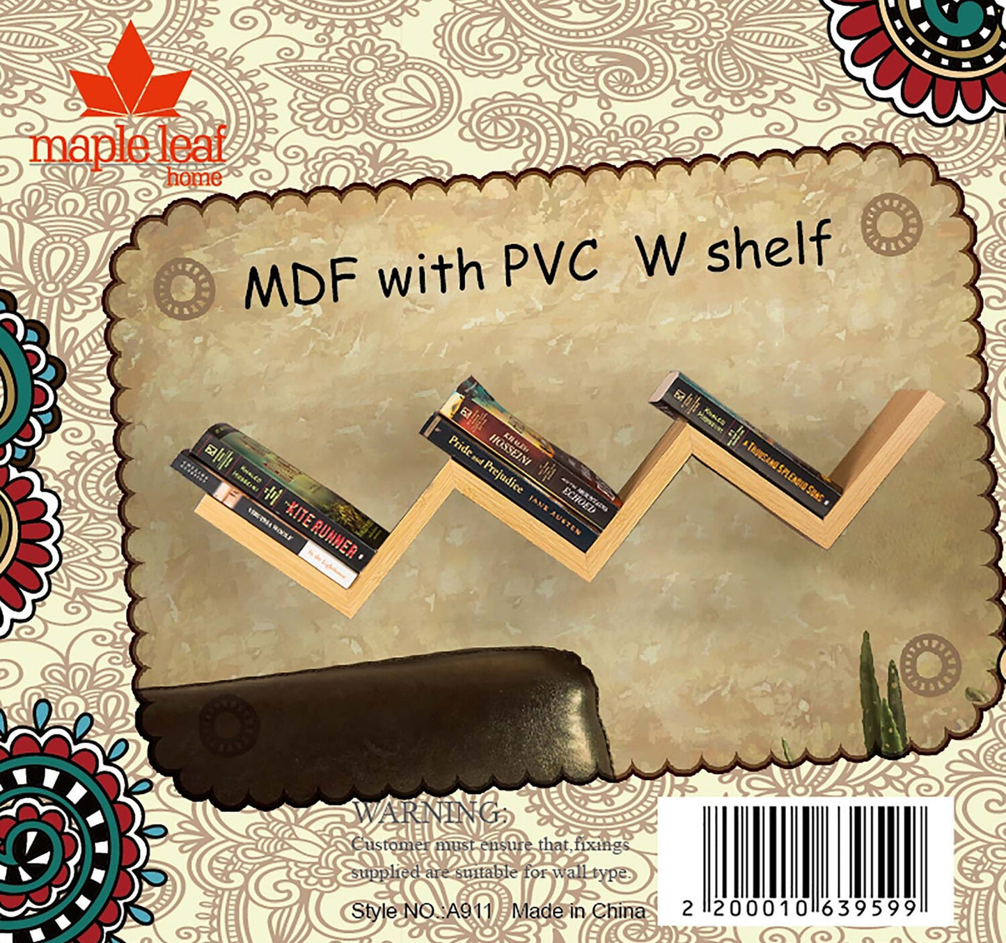 Maple Leaf Home MDF Wood With PVC W Shape Wall Shelf, Beech, A911S