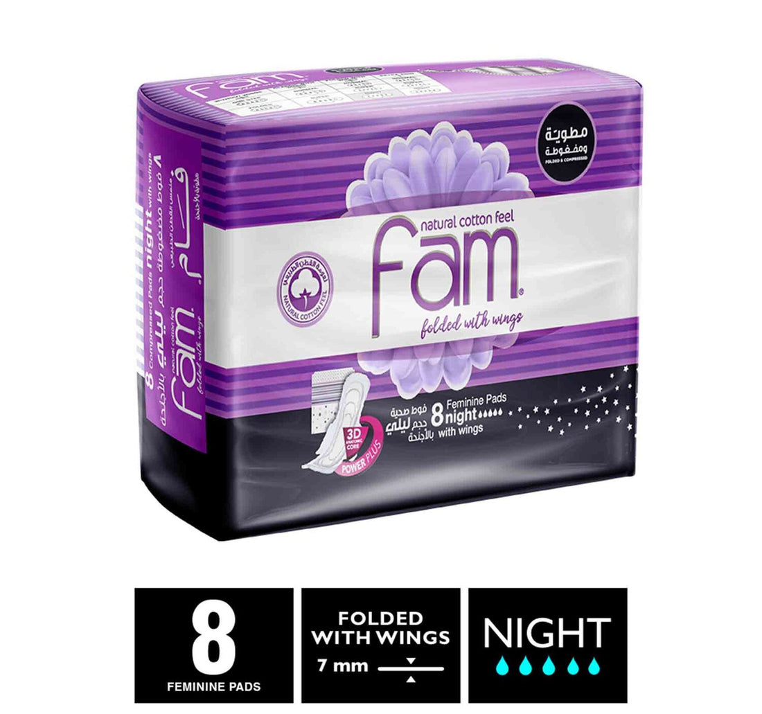 Fam Natural Cotton Feel Maxi Thick Folded with Wings Night Sanitary 8 pcs