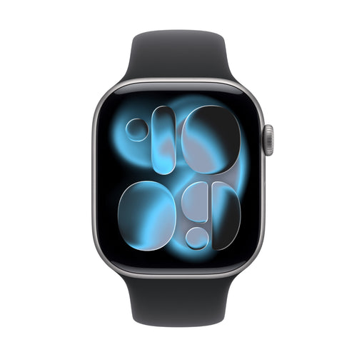 ساعة Apple Watch Series 11 الذكية بنظام تحديد المواقع العالمي (GPS)، هيكل من الألومنيوم باللون الرمادي الفضائي مقاس 46 مم مع سوار رياضي أسود (متوسط/كبير)، MEV44AF/A