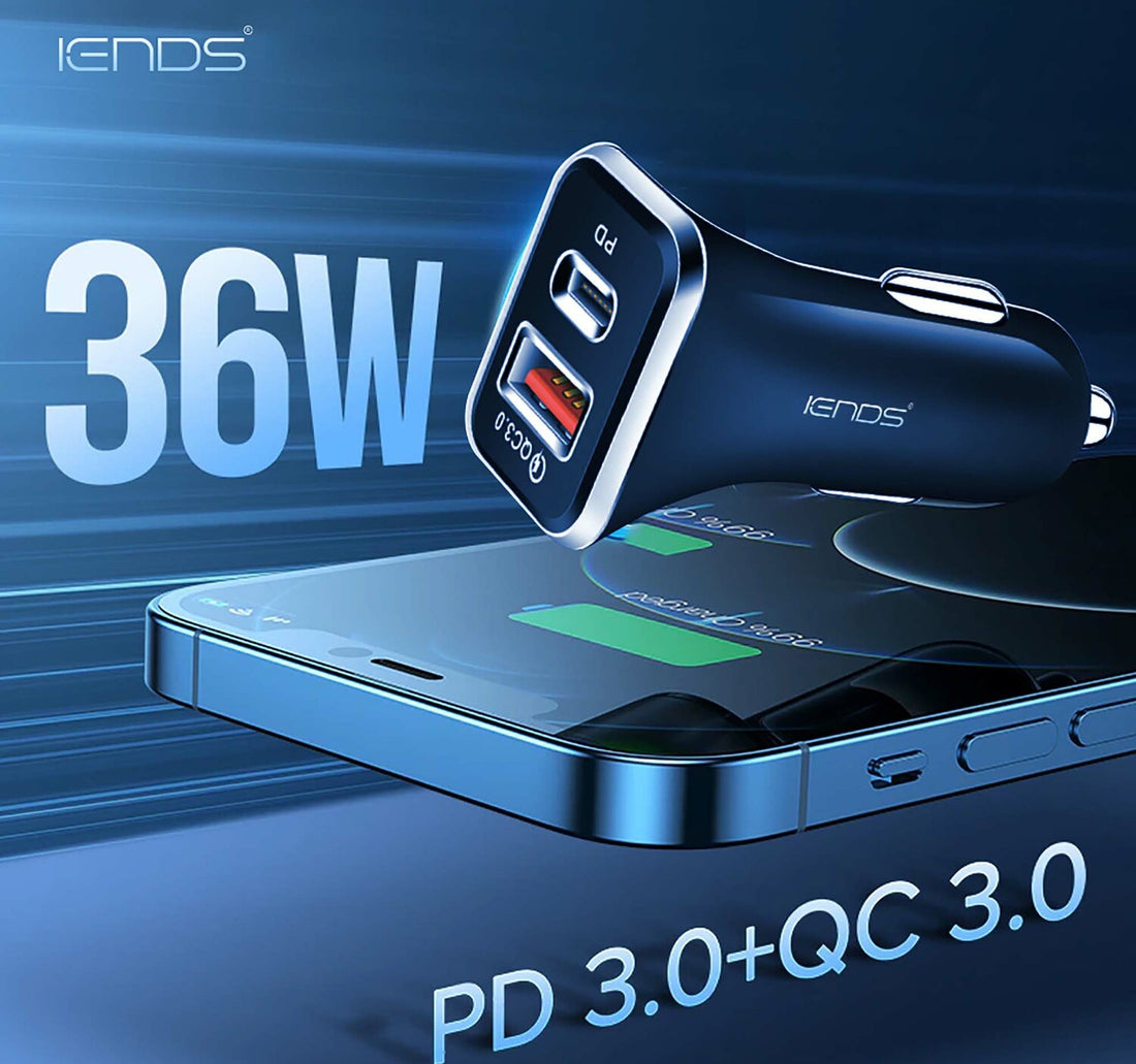 Iends Car Charger with Dual Port (Type-C and USB)AD641, Black