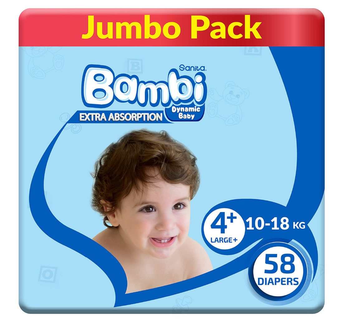 حفاضات أطفال سانيتا بامبي جامبو، مقاس 4+ كبير بلس، 10-18 كجم، 58 قطعة