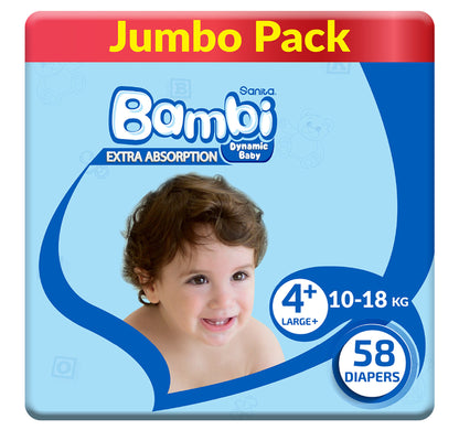 Sanita Bambi Baby Diaper Jumbo Pack Size 4+ Large Plus 10-18 kg 58 pcs
