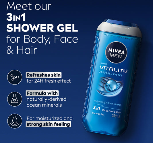 Nivea Men Vitality Fresh Shower Gel 3in1 Body Wash 250 ml