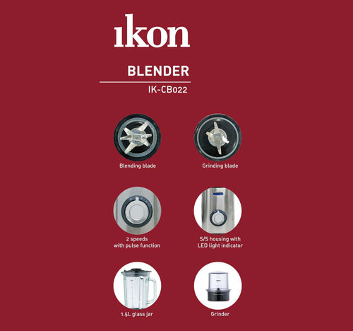 Ikon Blender With Coffee Grinder, 1.5L Glass Jar, 450 W, Stainless Steel, CB022