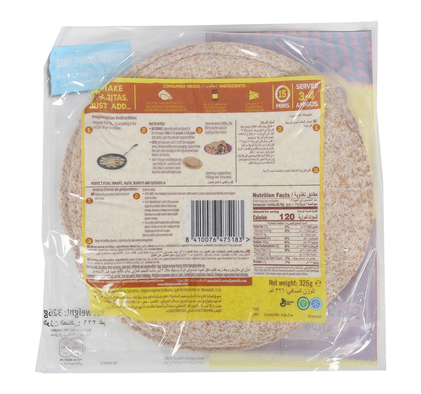 Old El Paso Whole Wheat Tortillas 8 pcs 326 g
