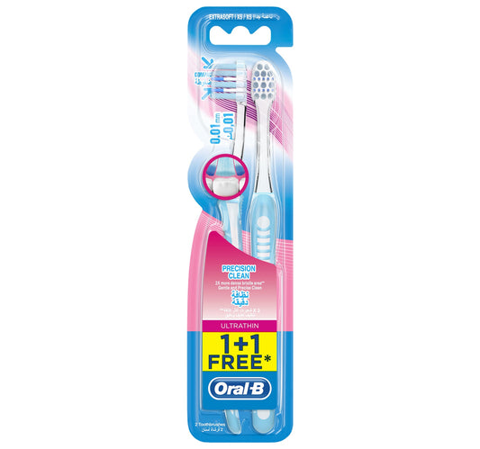 فرشاة أسنان أورال-بي ألترا ثين بريسيجن كلين إكسترا سوفت اليدوية، ألوان متنوعة 1+1