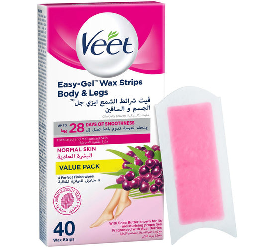 Veet Professional Hair Removal Easy-Gel Legs & Body Wax Strips with Shea Butter for Normal Skin 40 pcs