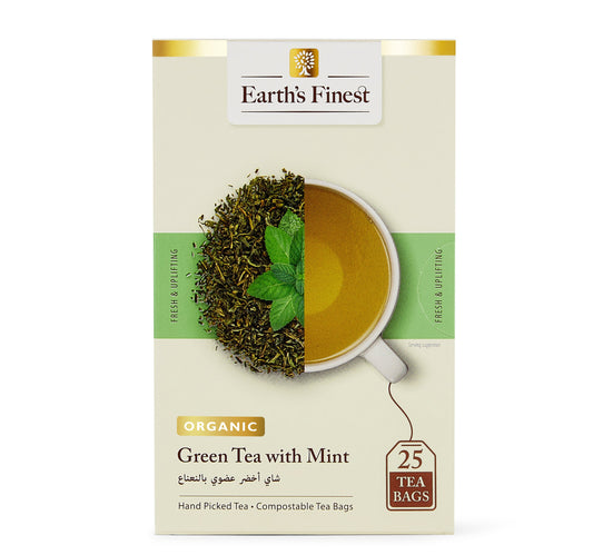 شاي أخضر عضوي فاخر من Earth's Finest مع النعناع 25 كيس شاي