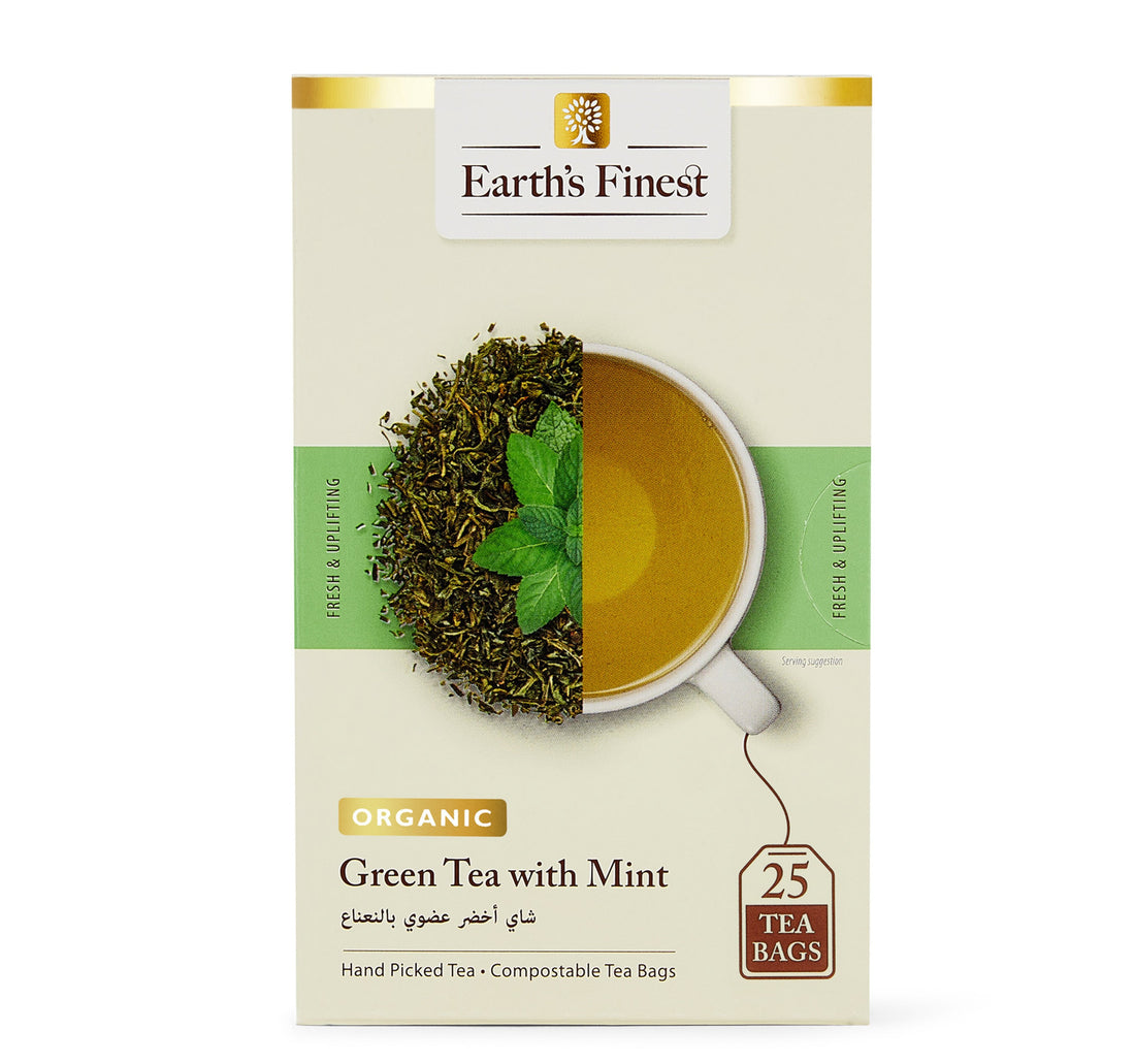 شاي أخضر عضوي فاخر من Earth's Finest مع النعناع 25 كيس شاي