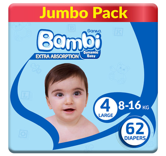 حفاضات أطفال سانيتا بامبي جامبو عبوة مقاس 4 كبير 8-16 كجم 62 قطعة