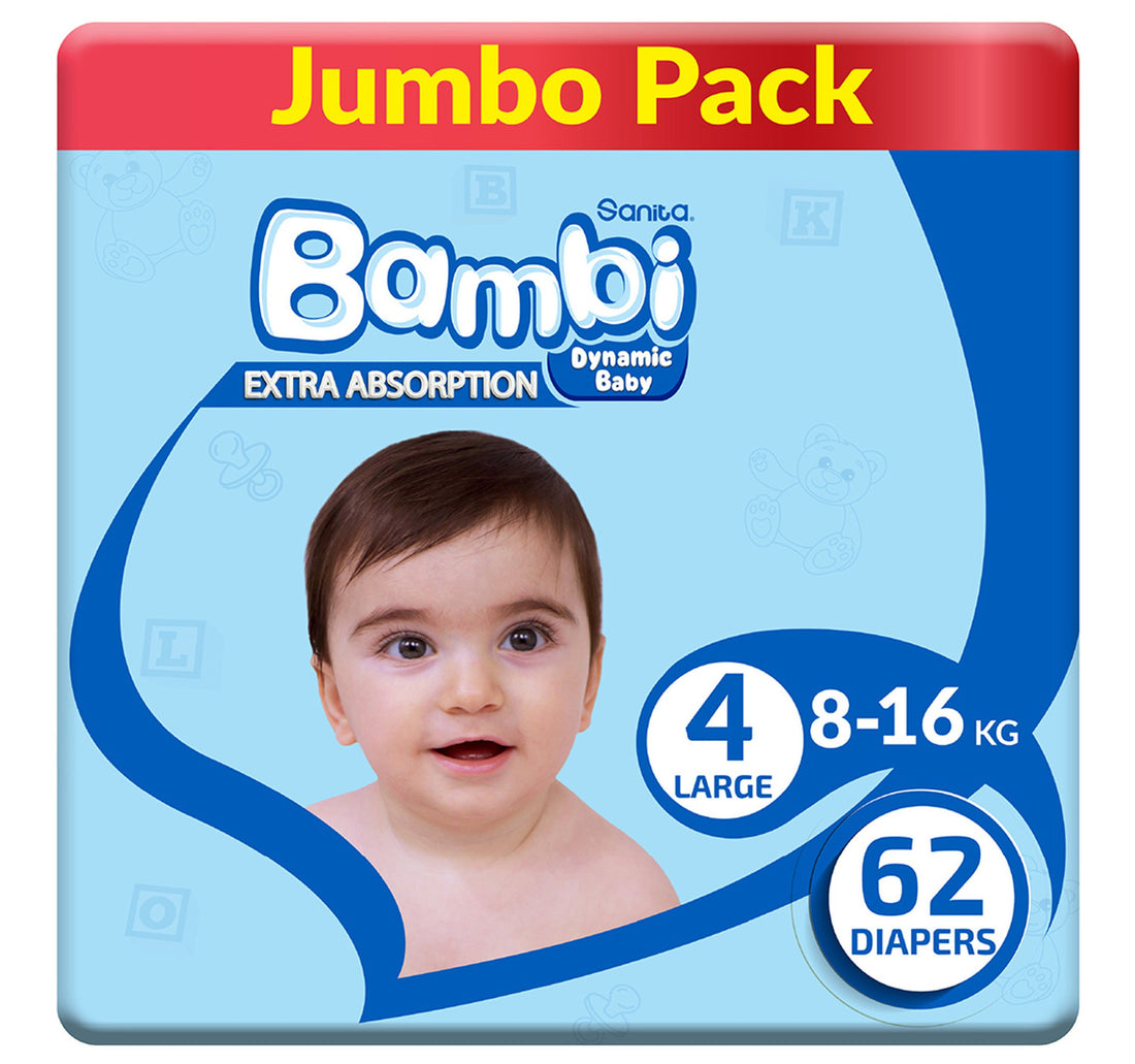حفاضات أطفال سانيتا بامبي جامبو عبوة مقاس 4 كبير 8-16 كجم 62 قطعة